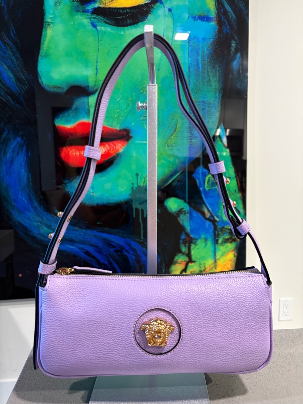 Versace Lavender Pebbled Leather Shoulder Bag with Gold Medusa